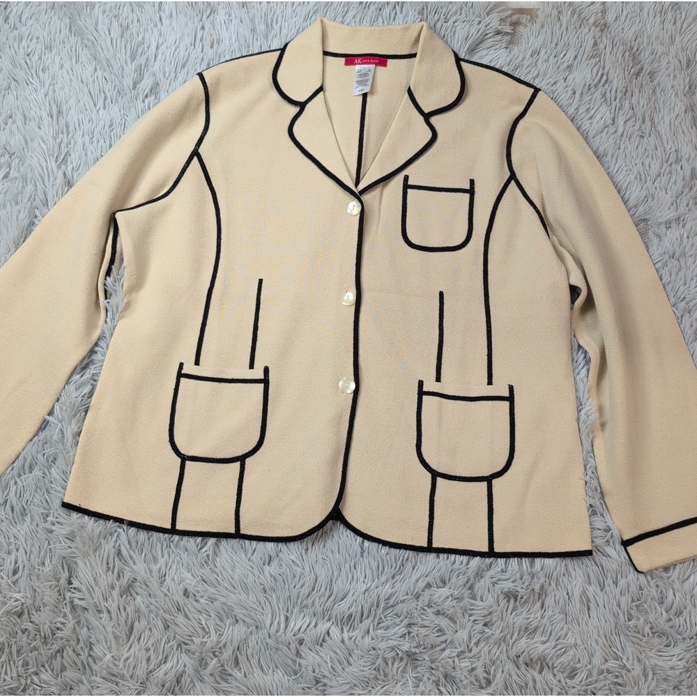 Vintage Anne Klein Jacket Womens XL Biege Blazer Pockets Button Up Soft Yarn